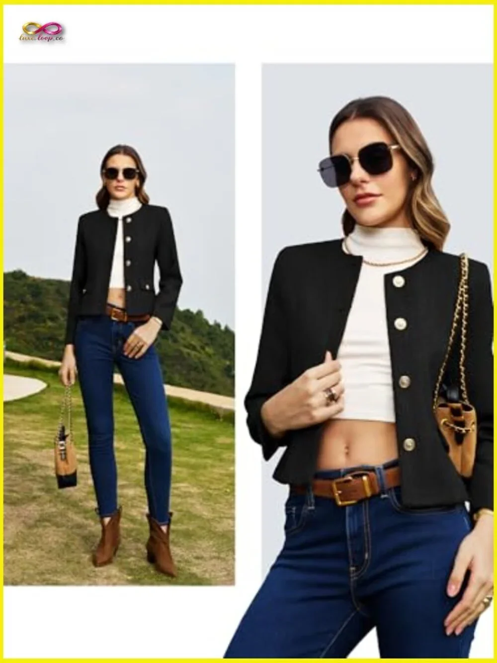 Cropped Tweed Blazer Collarless Button Down Jacket Business Casual Lightweight